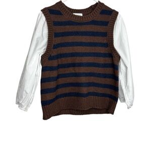 Evereve Brown and Navy Striped Sweater Vest with White Shirt Sleeves Medium
